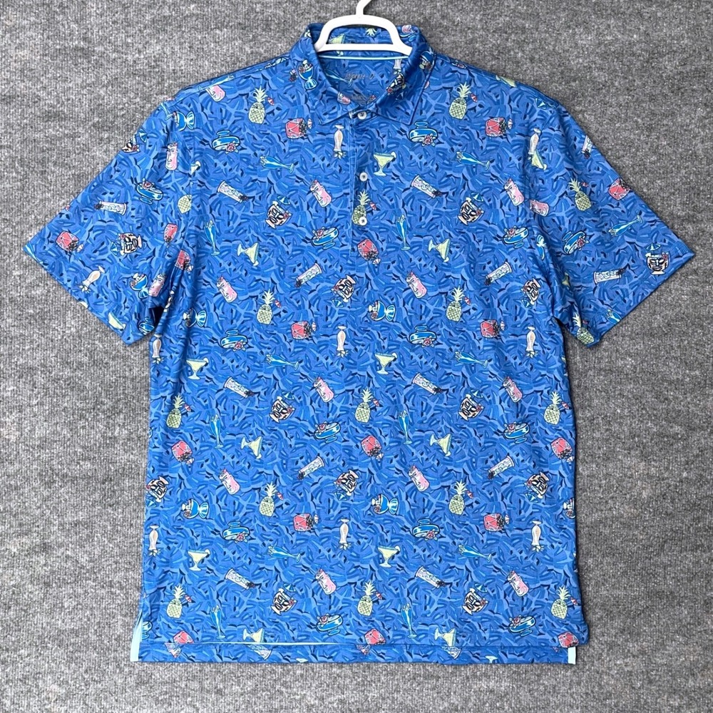 johnnie-O Mens L Luau Tiki Cocktail AOP Performance Polo Shirt Lake Stretch Golf - Picture 2 of 8